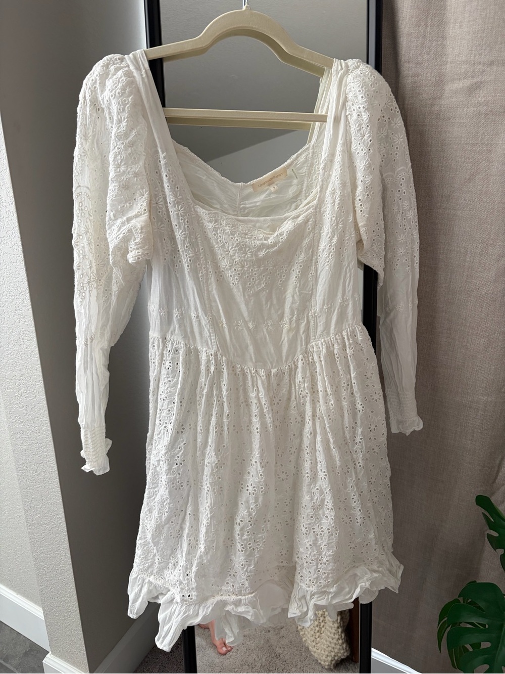 Loveshackfancy White Eyelet Long-Sleeve Mini Dress